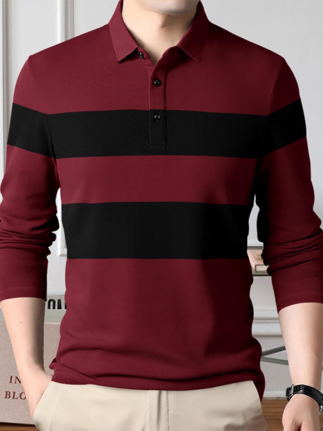 

Eyebogler Striped Polo Collar Cotton T-shirt, Red