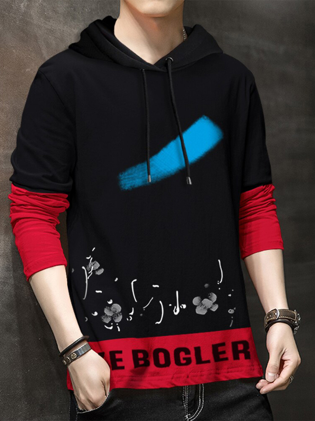 

Eyebogler Typography Printed Hooded Drop Shoulder Cotton Loose T-shirt, Black