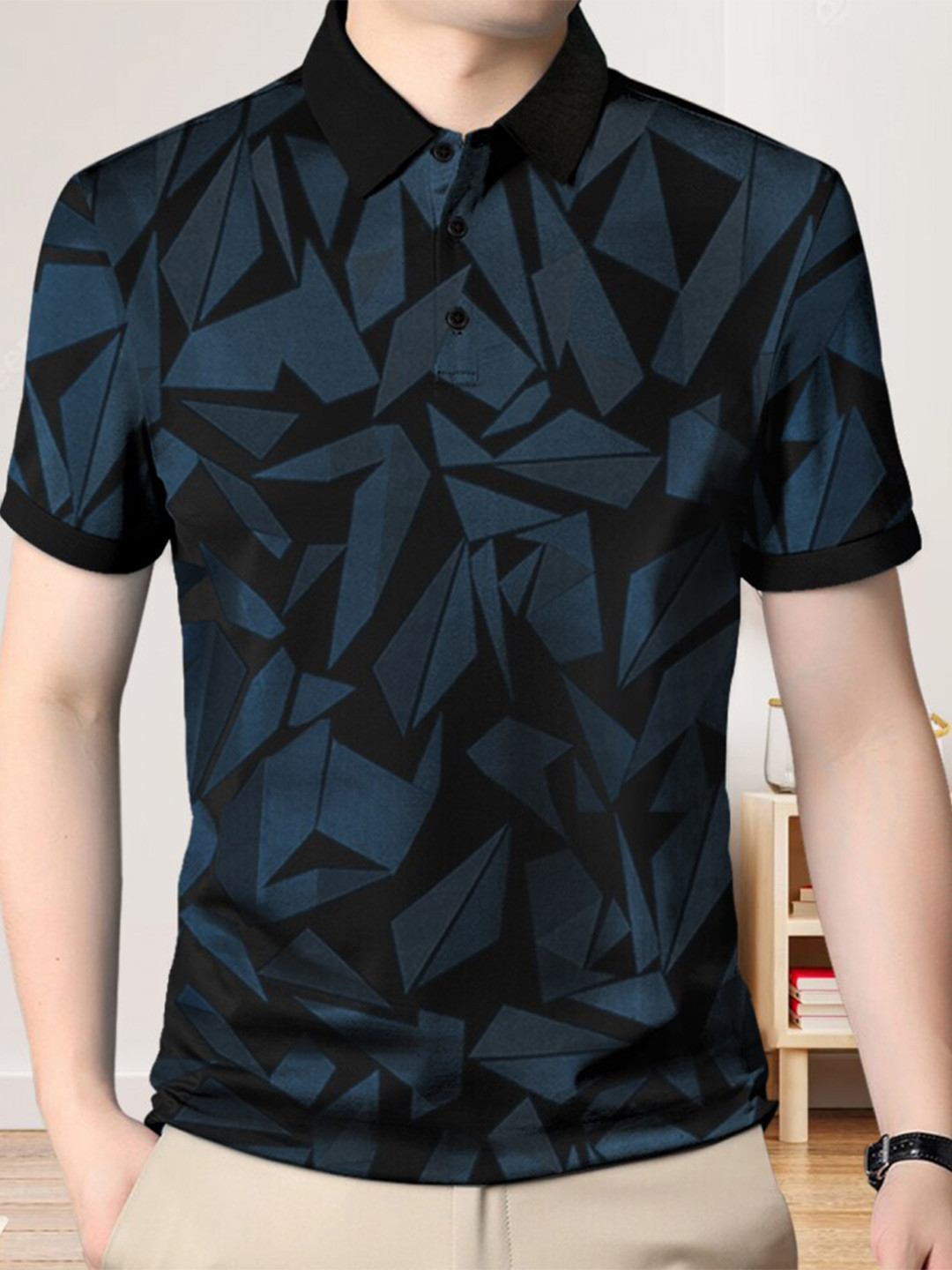 

Eyebogler Geometric Printed Polo Collar Cotton T-shirt, Blue