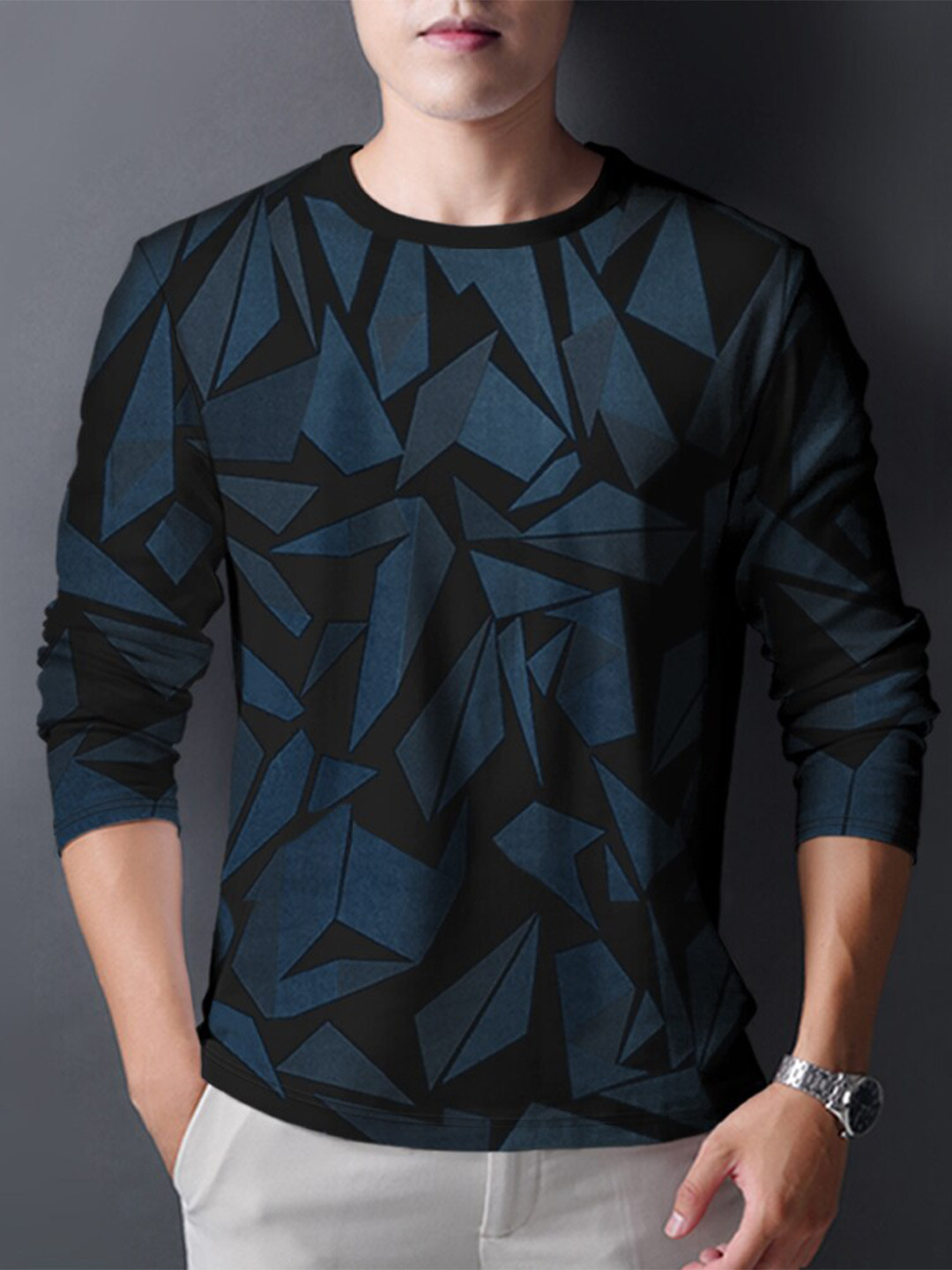 

Eyebogler Geometric Printed Polo Collar Cotton T-shirt, Black