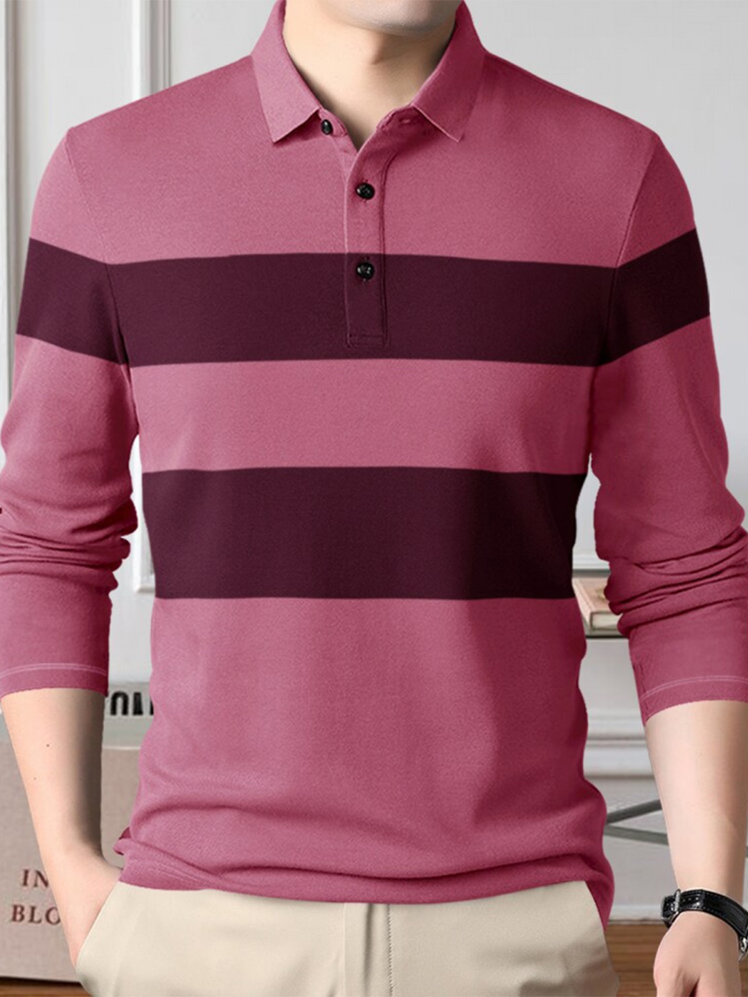 

Eyebogler Striped Polo Collar Long Sleeve Cotton T-shirt, Pink