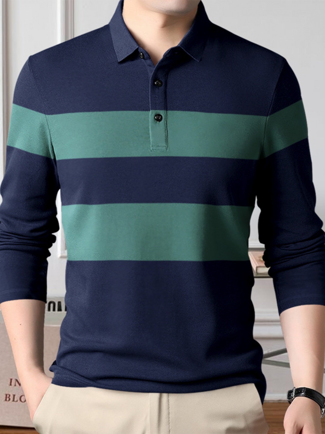 

Eyebogler Striped Polo Collar Cotton T-shirt, Navy blue
