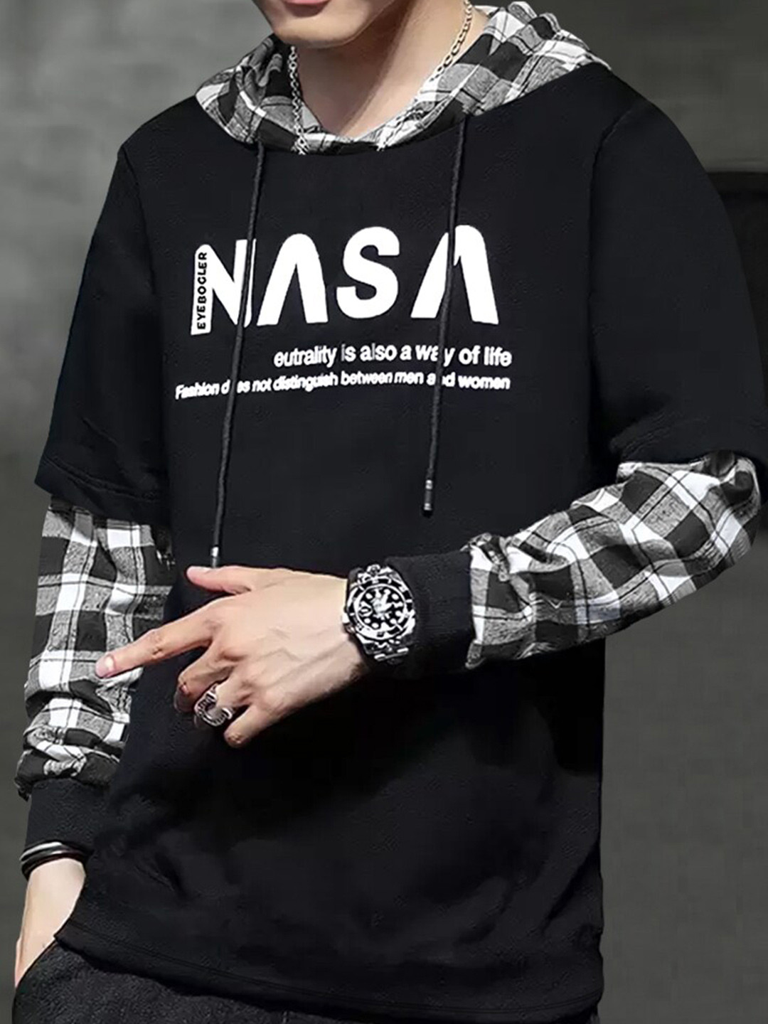 

Eyebogler Typography Printed Hooded Cotton Relaxed T-shirt, Black