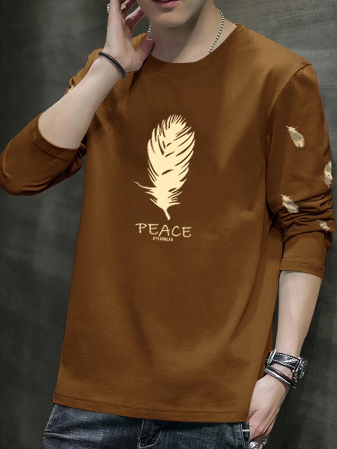 

Eyebogler Graphic Printed Long Sleeve Cotton T-shirt, Brown