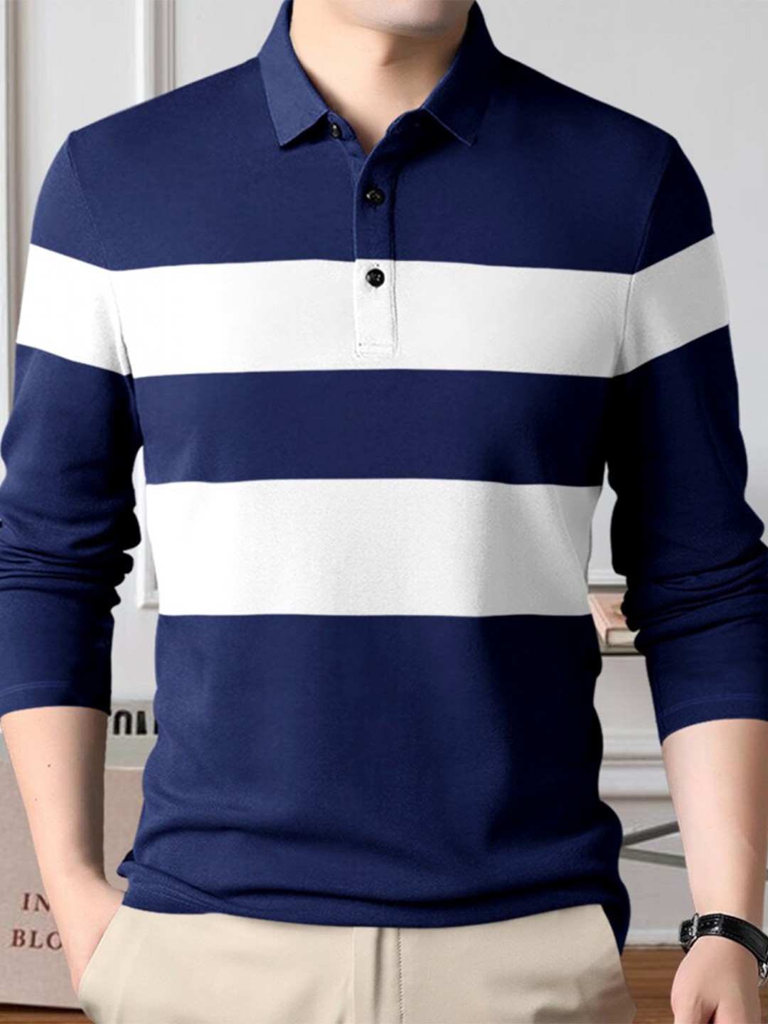 

Eyebogler Striped Long Sleeve Cotton T-shirt, Navy blue