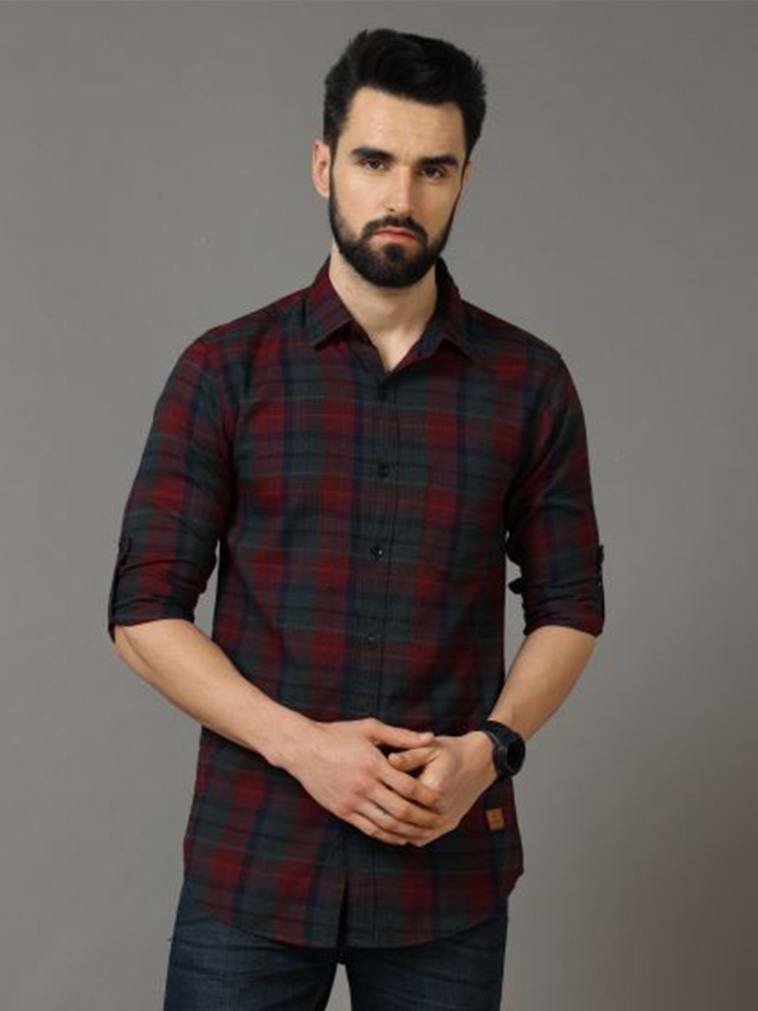 

Tallwalker Tartan Checks Straight Twill Slim Fit Cotton Casual Shirt, Red