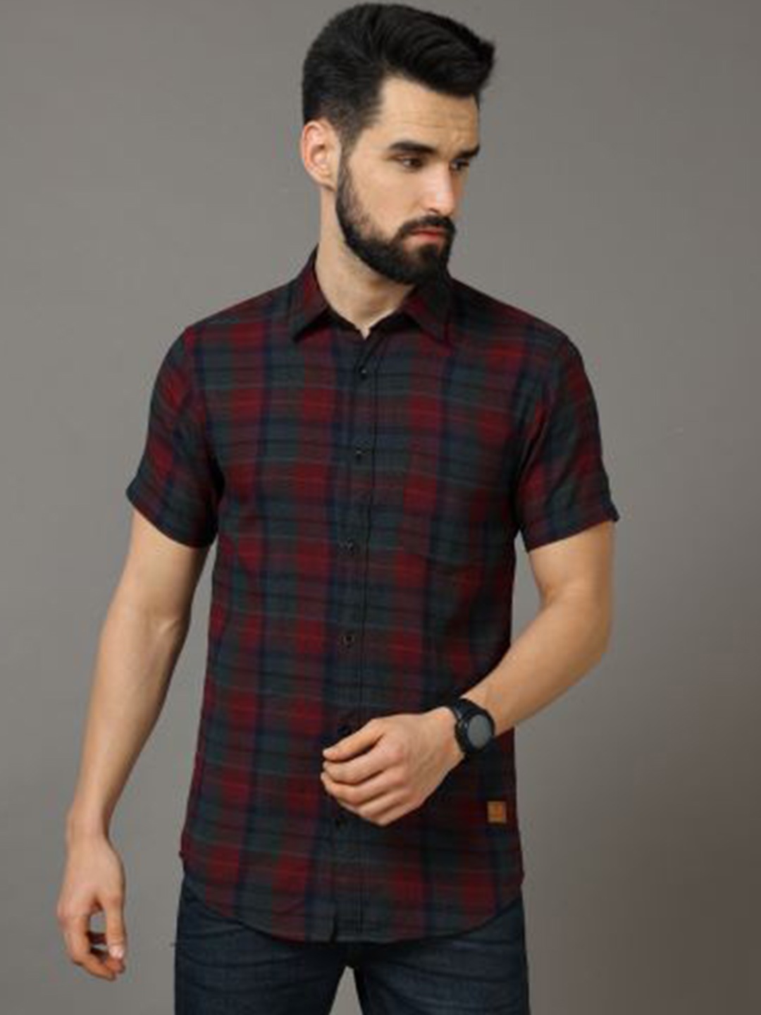 

Tallwalker Tartan Checks Straight Twill Slim Fit Cotton Casual Shirt, Red