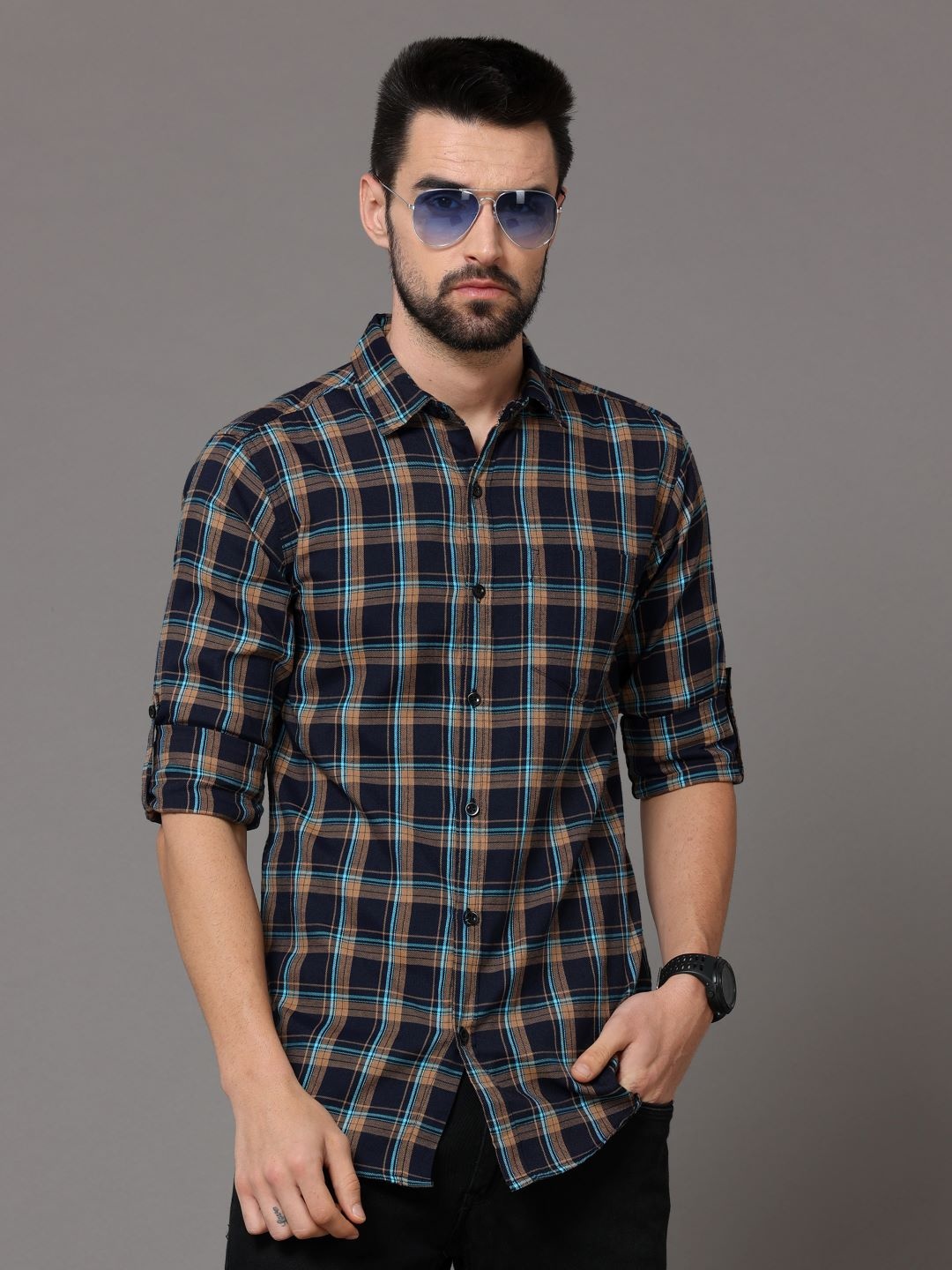 

Tallwalker Straight Slim Fit Tartan Checked Casual Cotton Shirt, Navy blue