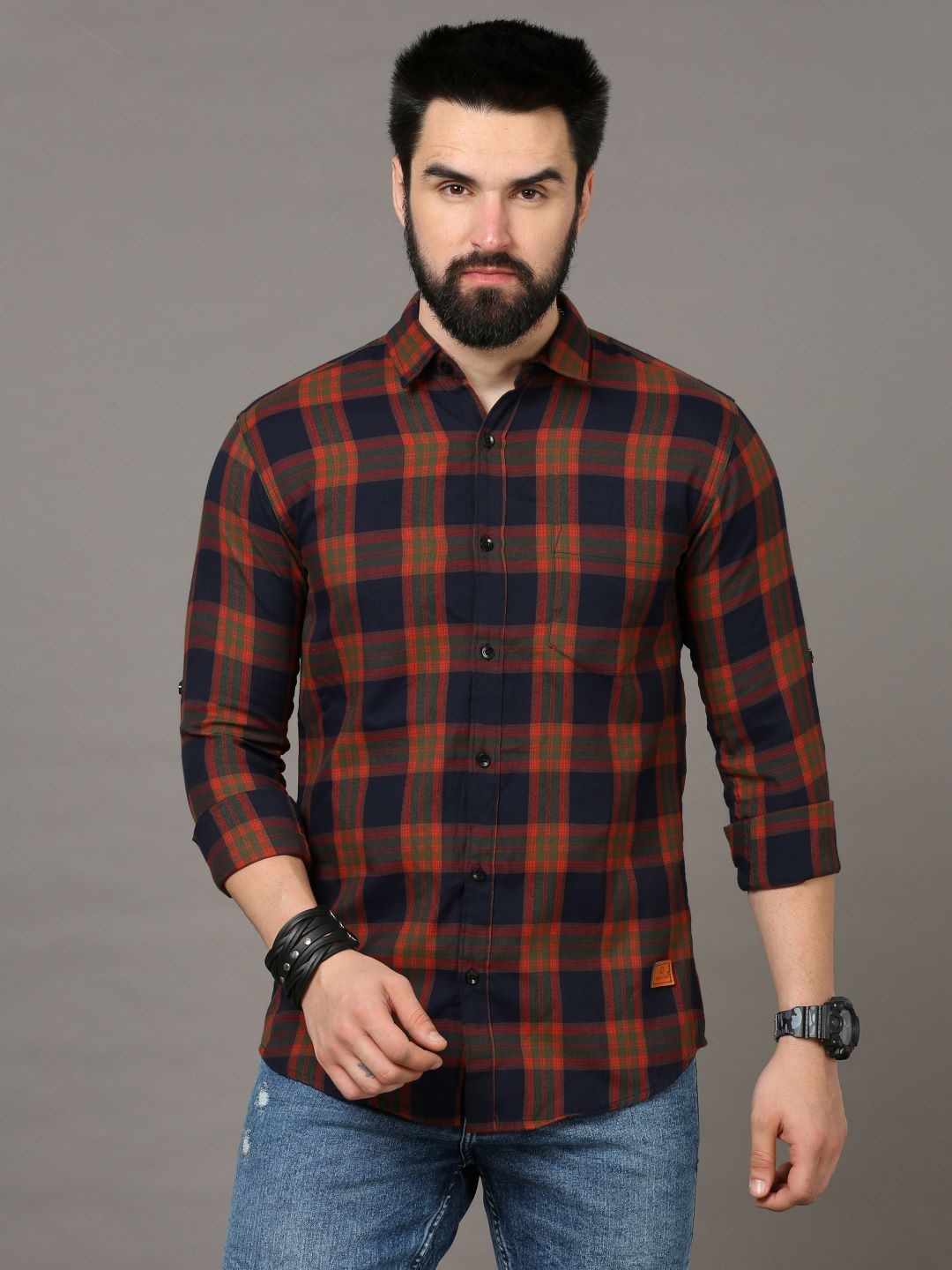 

Tallwalker Straight Slim Fit Tartan Checked Roll-Up Sleeves Twill Weave Cotton Shirt, Orange