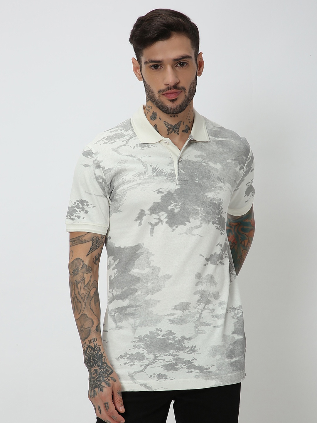 

Mufti Tropical Printed Polo Collar Slim Fit Pure Cotton T-Shirt, White