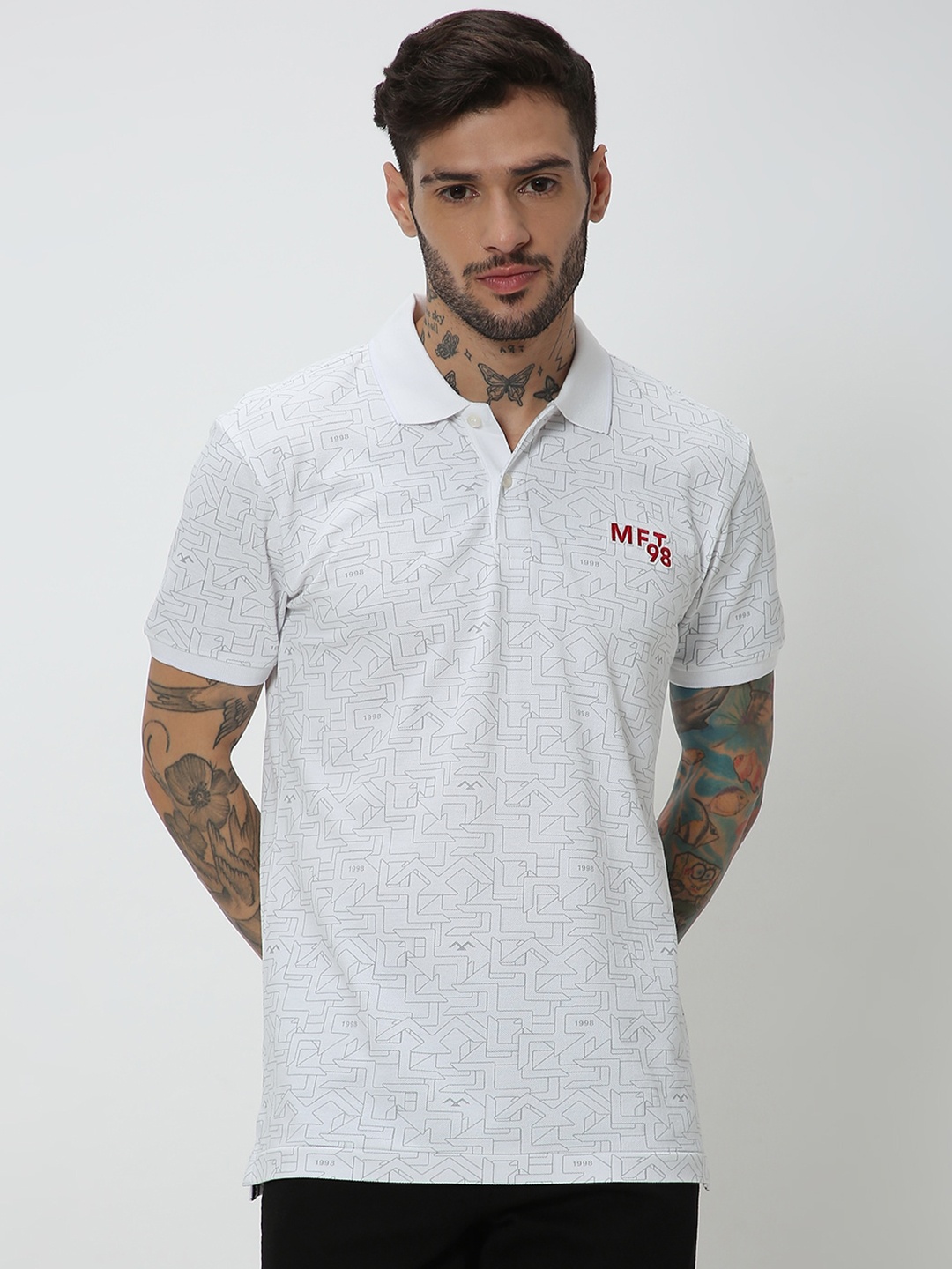 

Mufti Geometric Printed Polo Collar Slim Fit Pure Cotton T-Shirt, White