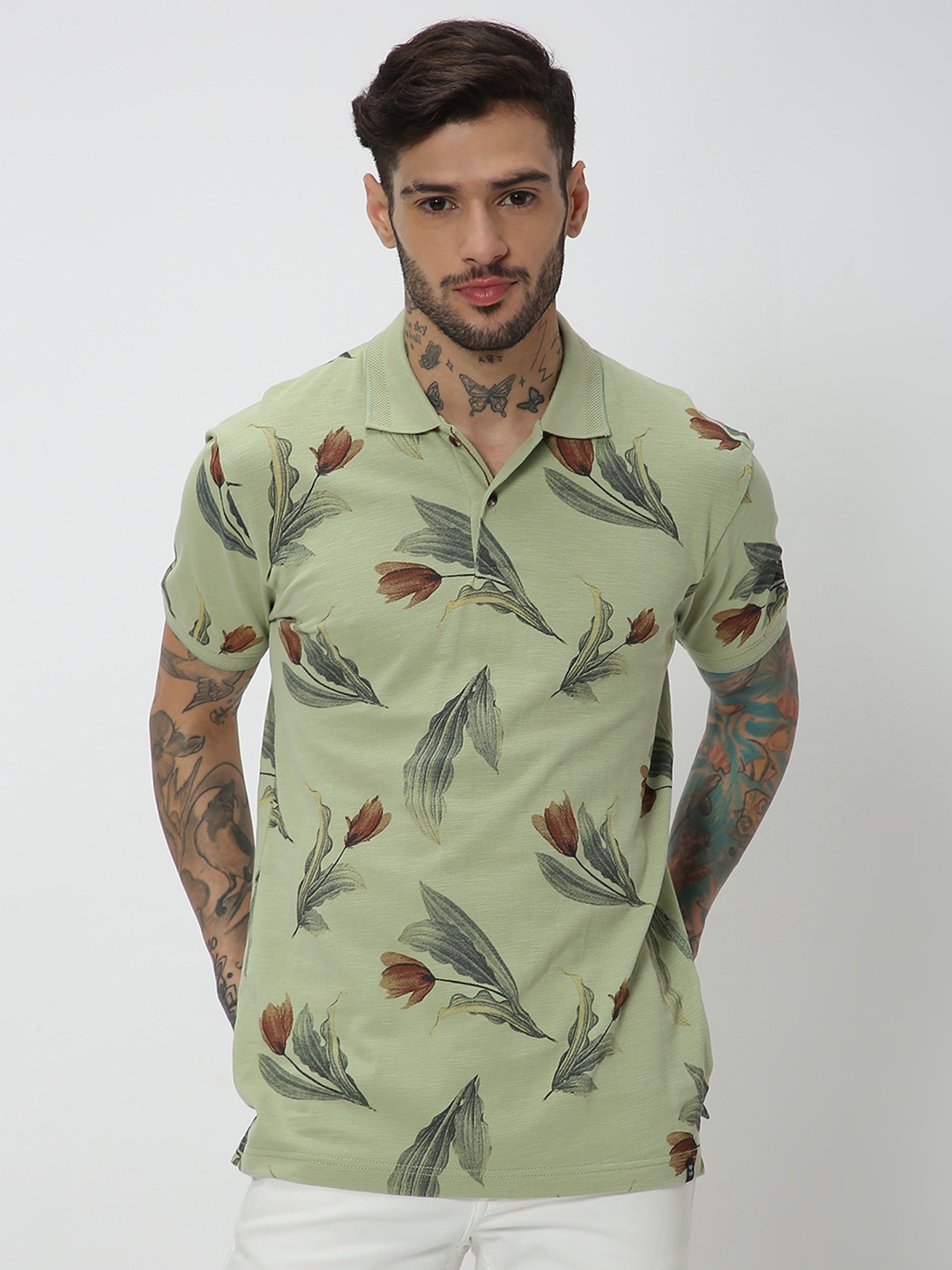 

Mufti Tropical Printed Polo Collar Slim Fit Pure Cotton T-Shirt, Green