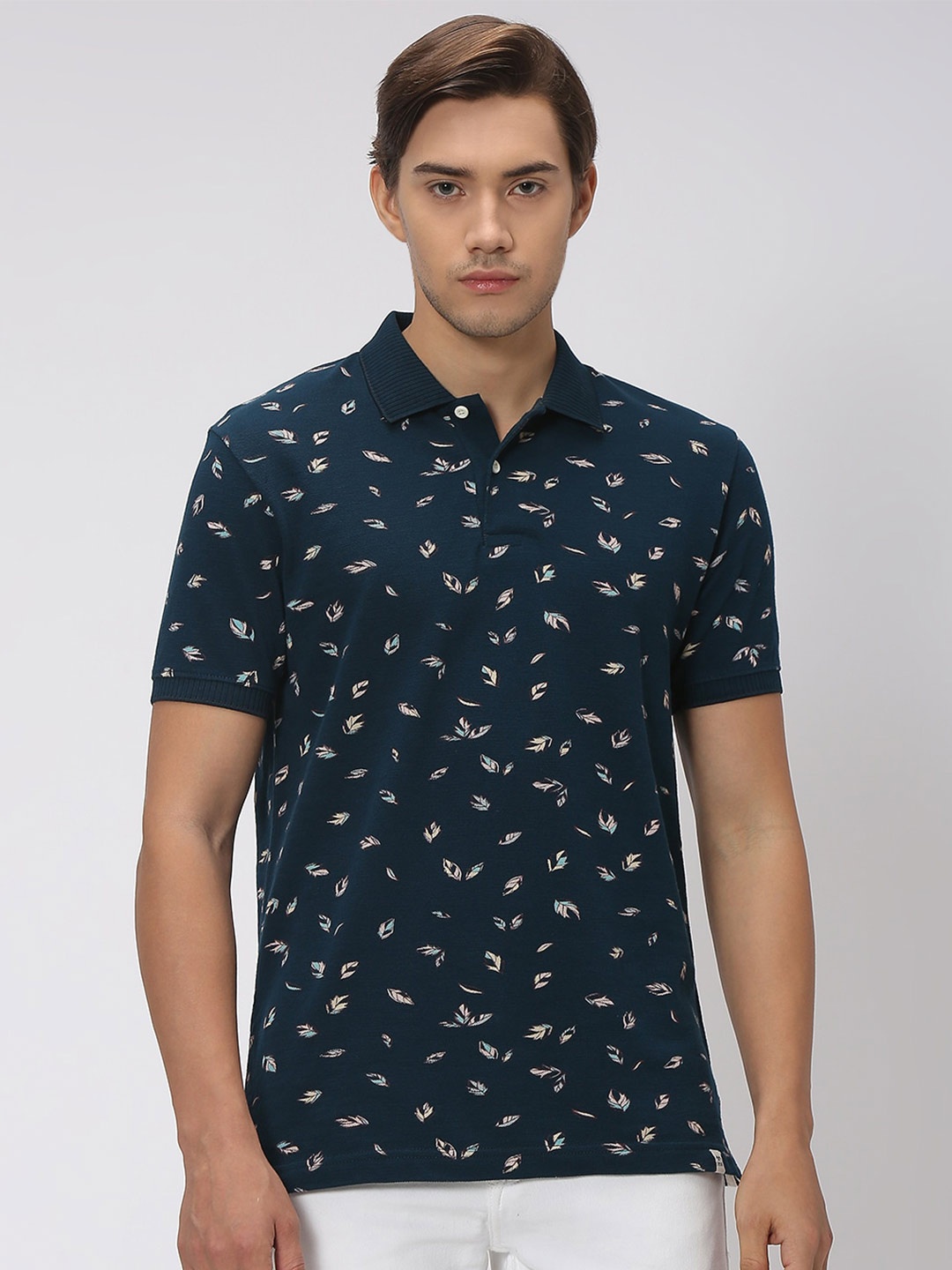 

Mufti Floral Printed Polo Collar Slim Fit Pure Cotton T-shirt, Navy blue