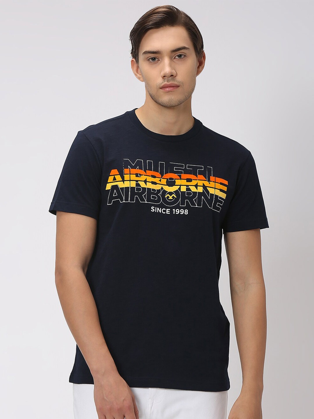 

Mufti Typography Printed Slim Fit Pure Cotton T-shirt, Navy blue