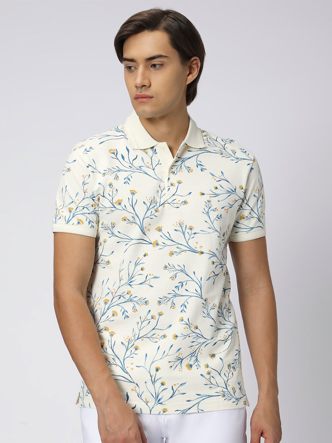 

Mufti Floral Printed Polo Collar Slim Fit Pure Cotton T-shirt, White
