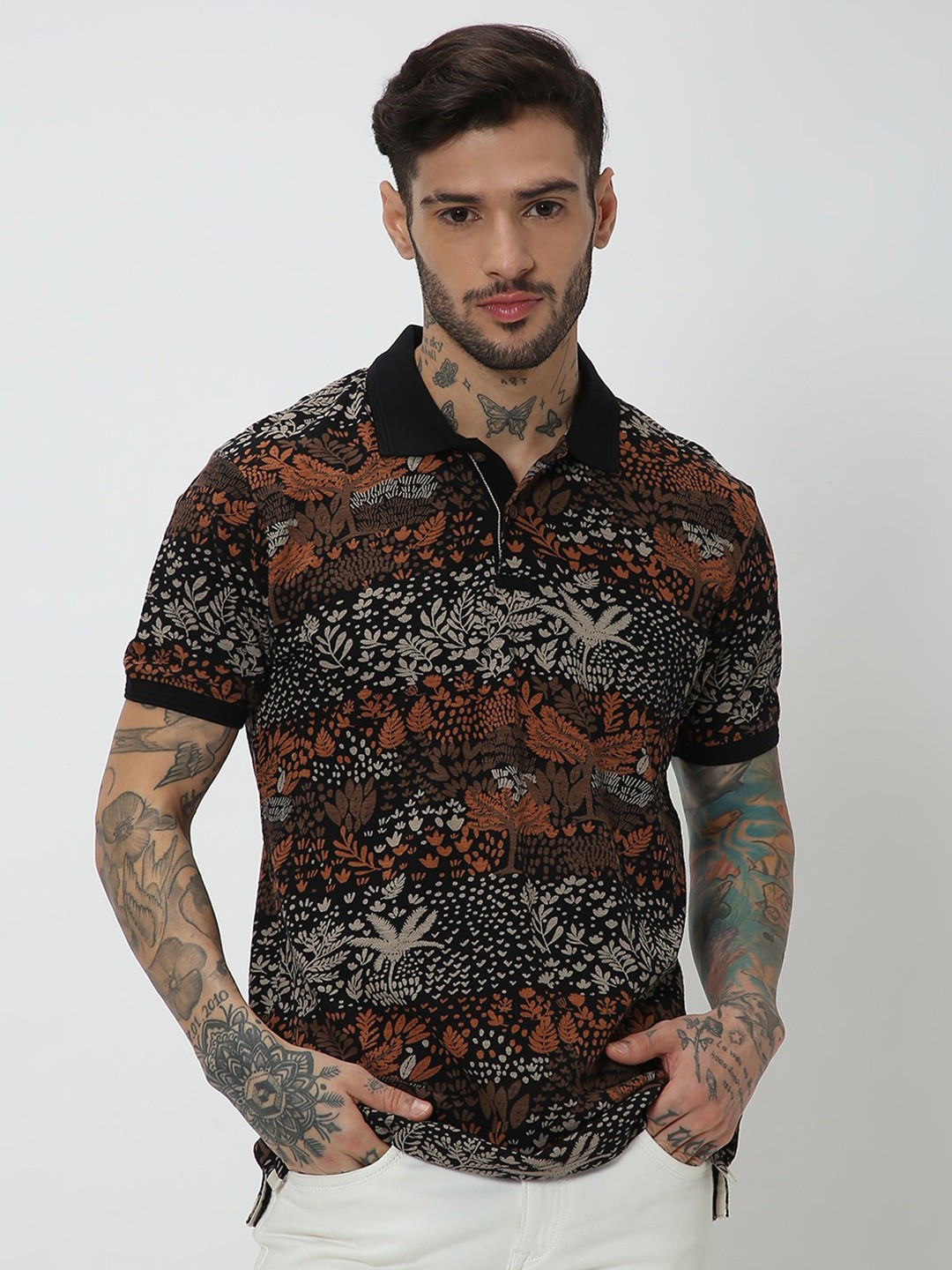 

Mufti Floral Printed Polo Collar Slim Fit Pure Cotton T-shirt, Red