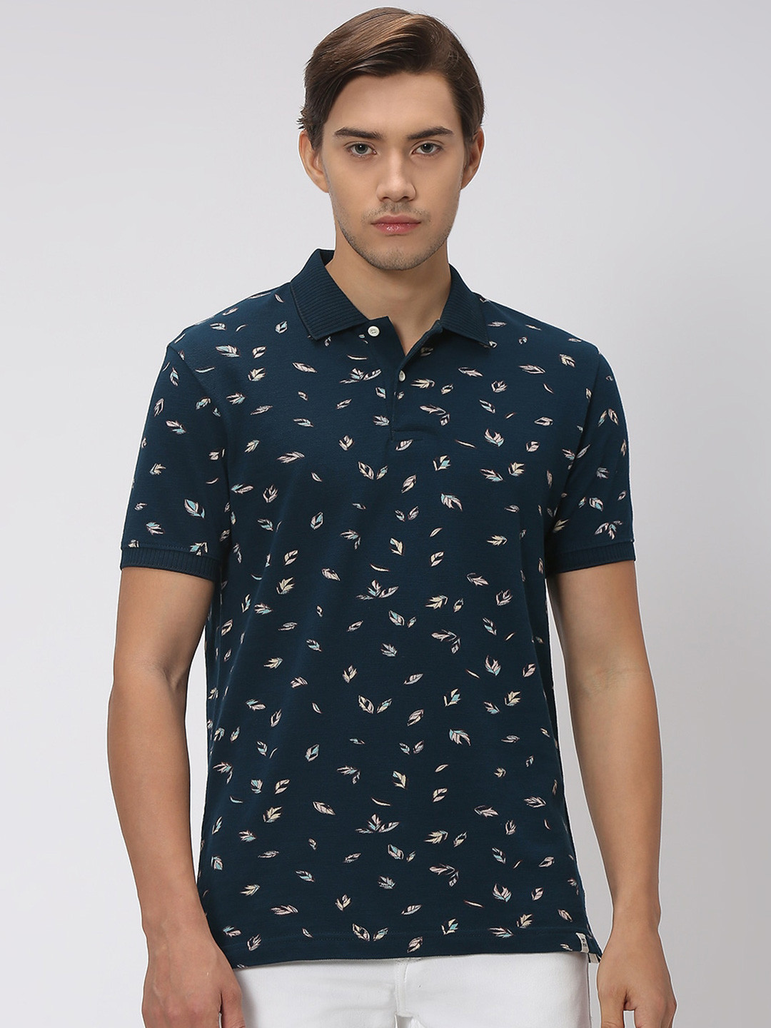

Mufti Floral Printed Polo Collar Pure Cotton Slim Fit T-shirt, Navy blue