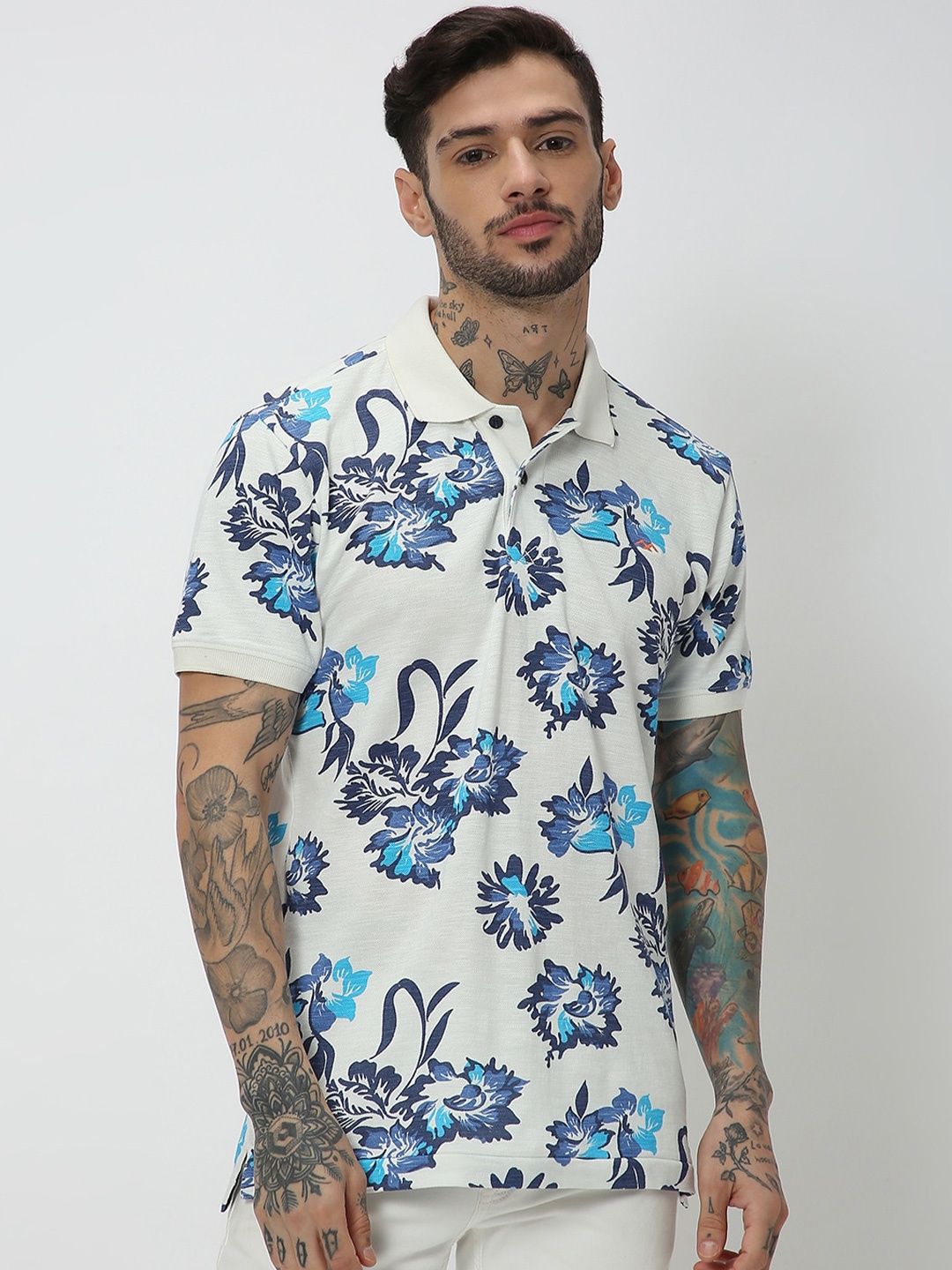 

Mufti Floral Printed Polo Collar Pockets Slim Fit Pure Cotton T-shirt, White