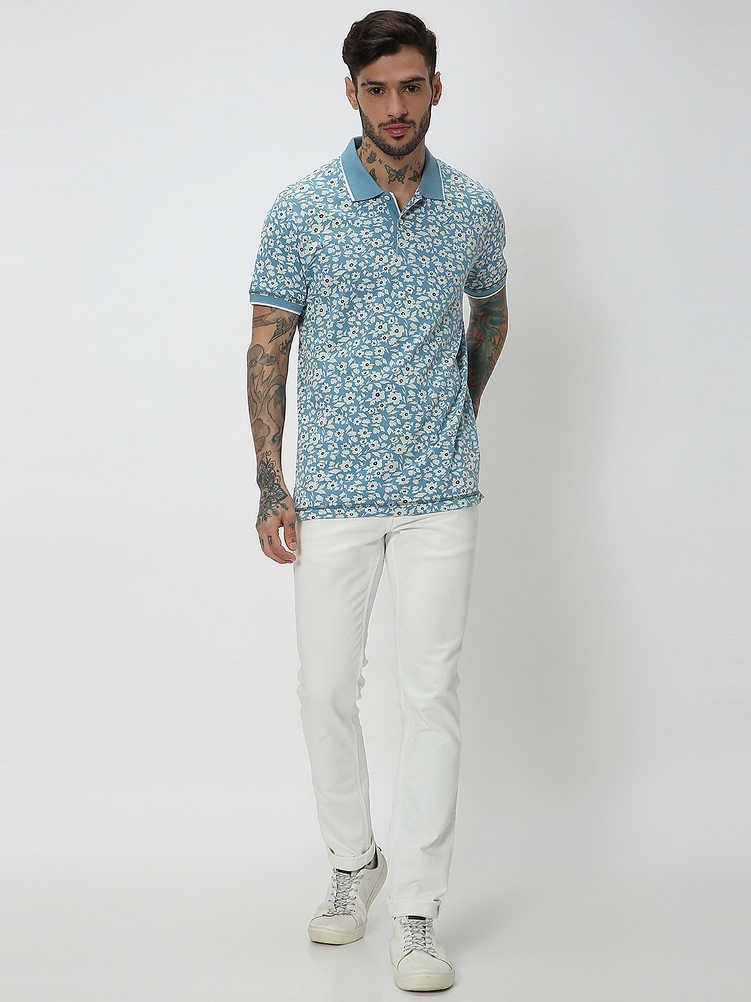 

Mufti Floral Printed Polo Collar Slim Fit Pure Cotton T-shirt, Blue