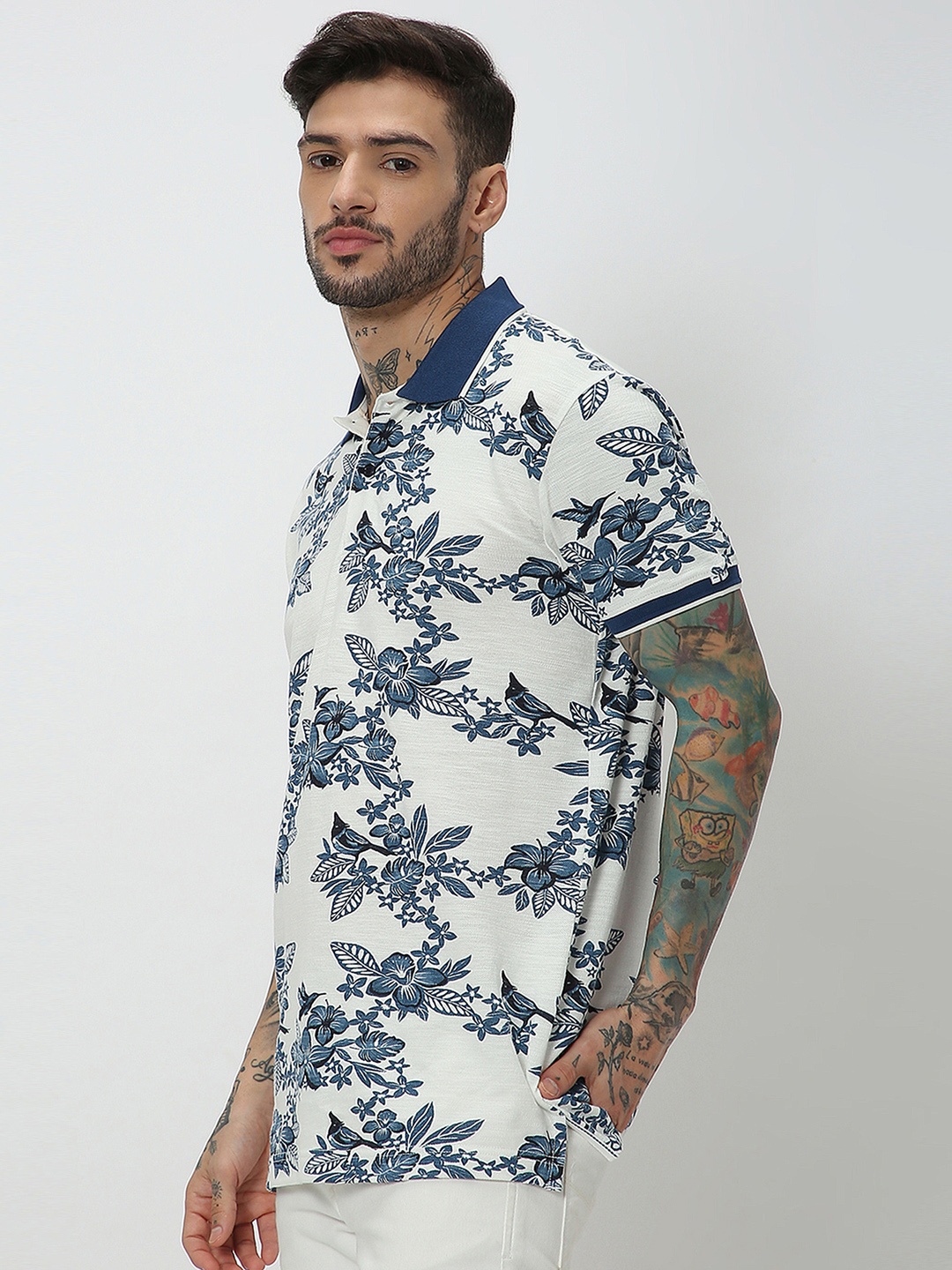 

Mufti Floral Printed Polo Collar Slim Fit Pure Cotton T-shirt, White