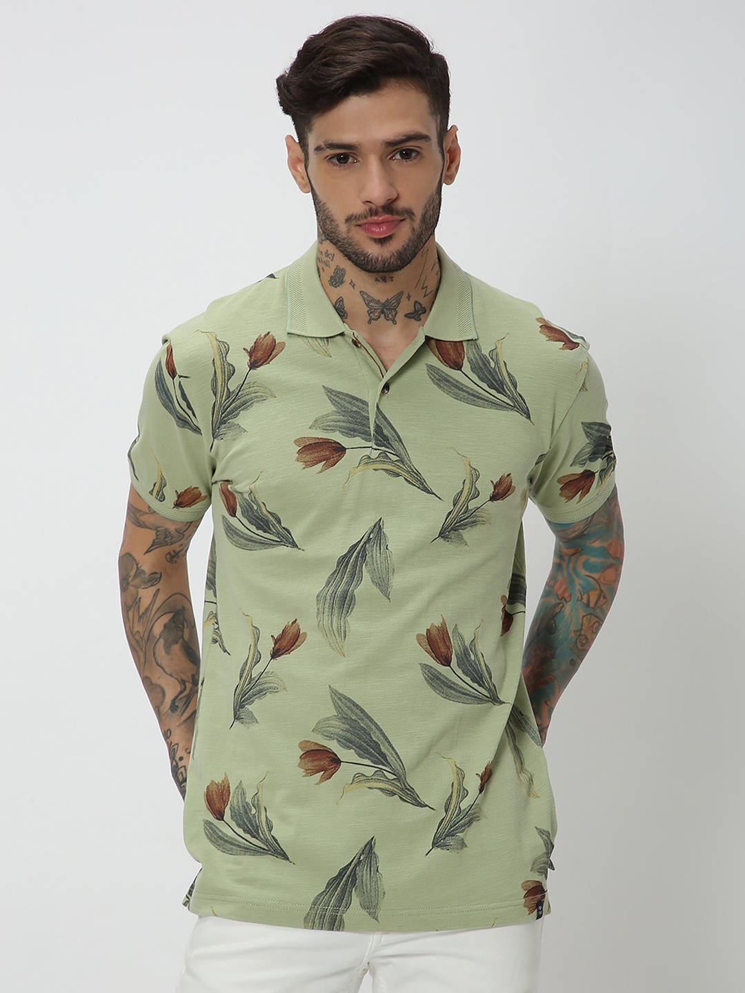 

Mufti Polo Collar Tropical Printed Slim Fit Pure Cotton T-shirt, Green