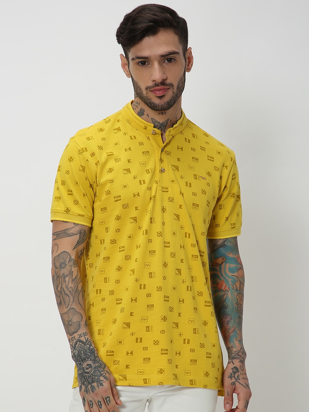 

Mufti Conversational Printed Henley Neck Slim Fit Pure Cotton T-shirt, Yellow
