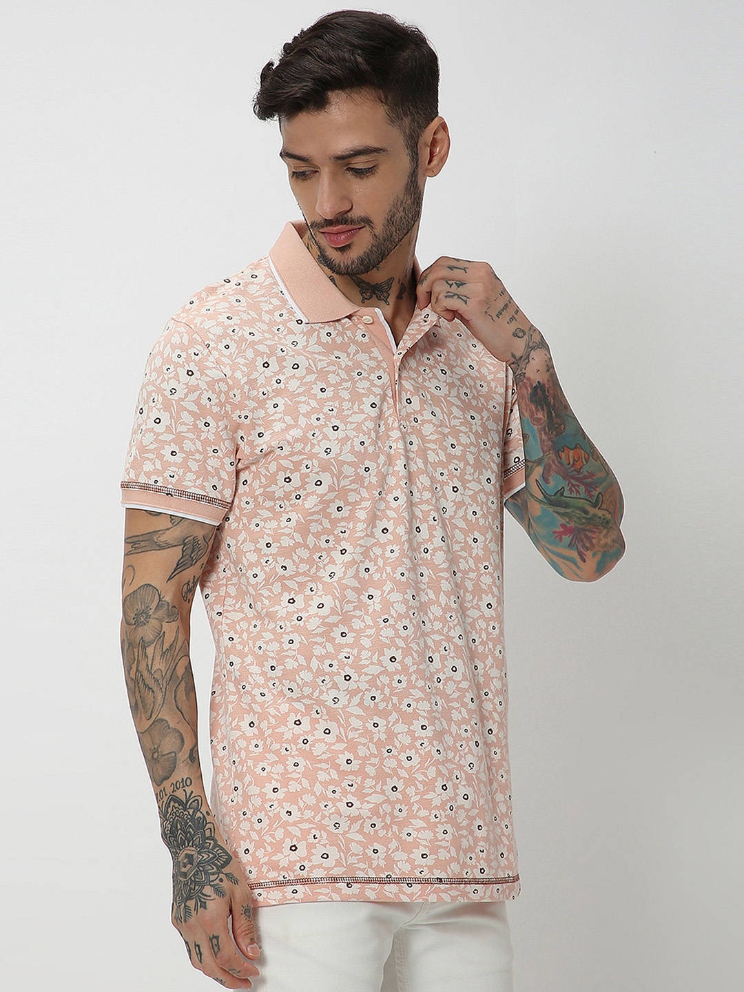 

Mufti Floral Printed Polo Collar Slim Fit Pure Cotton T-shirt, Peach