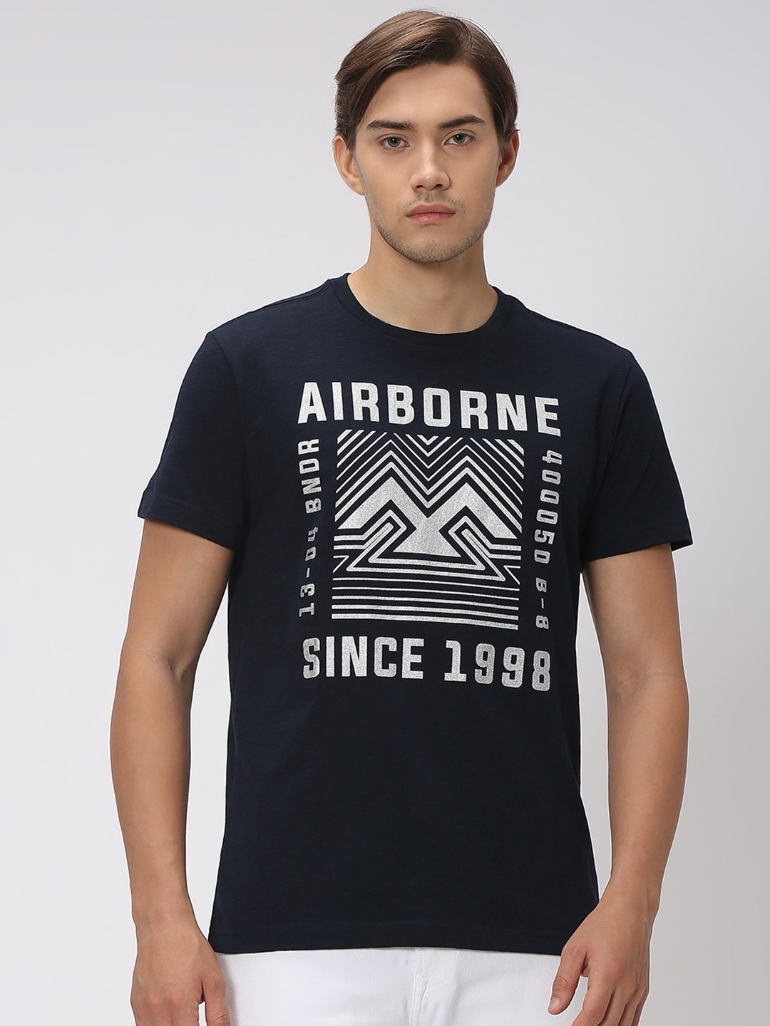 

Mufti Graphic Printed Short Sleeves Slim Fit Pure Cotton T-shirt, Navy blue