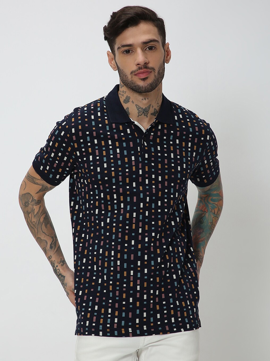 

Mufti Geometric Printed Cotton T-shirt, Navy blue