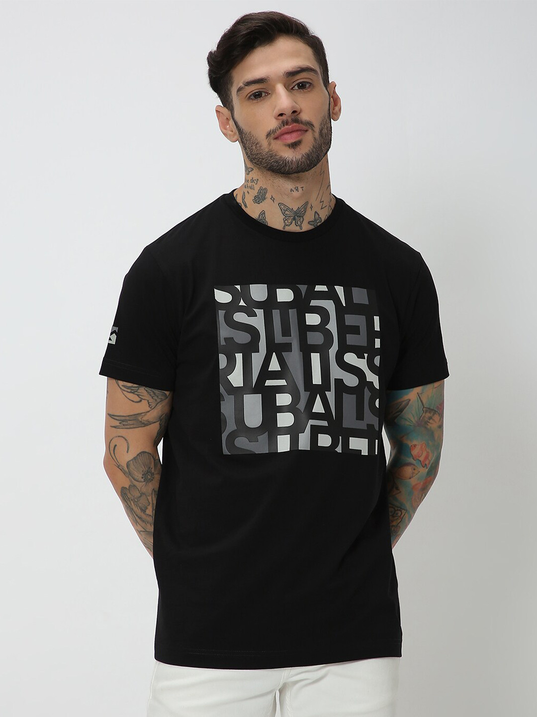 

Mufti Typography Printed Slim Fit Pure Cotton T-shirt, Black