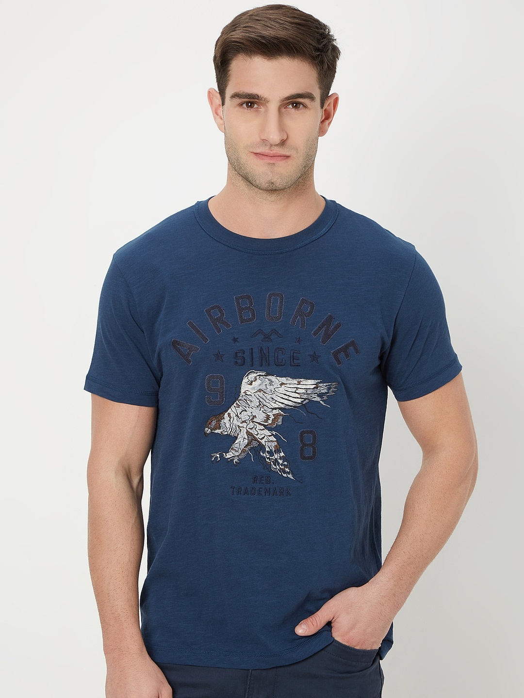 

Mufti Typography Printed Applique Slim Fit T-shirt, Navy blue