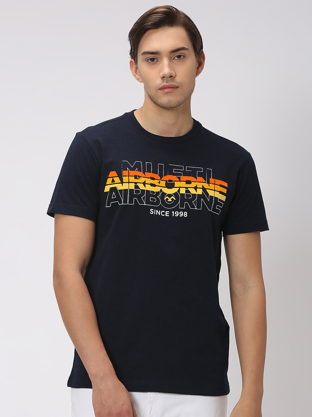 

Mufti Typography Printed Slim Fit Pure Cotton T-shirt, Navy blue