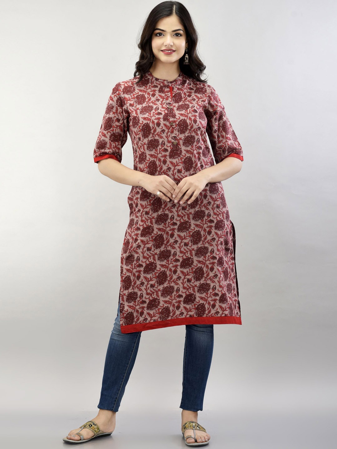 

METRO-FASHION Floral Printed Mandarin Collar Straight Kurta, Brown