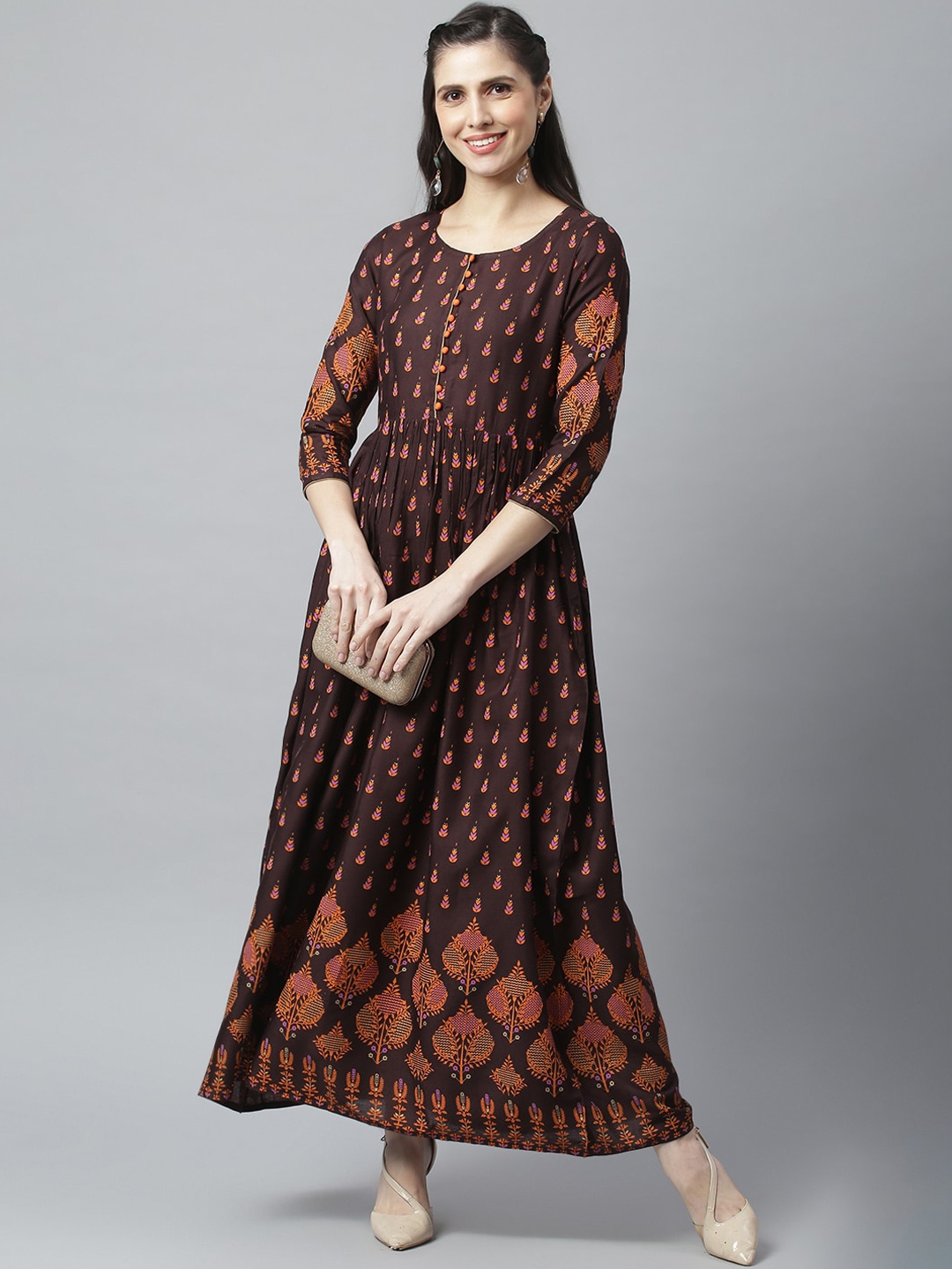 

METRO-FASHION Ethnic Motifs Printed Fit and Flare Ethnic Dress, Brown