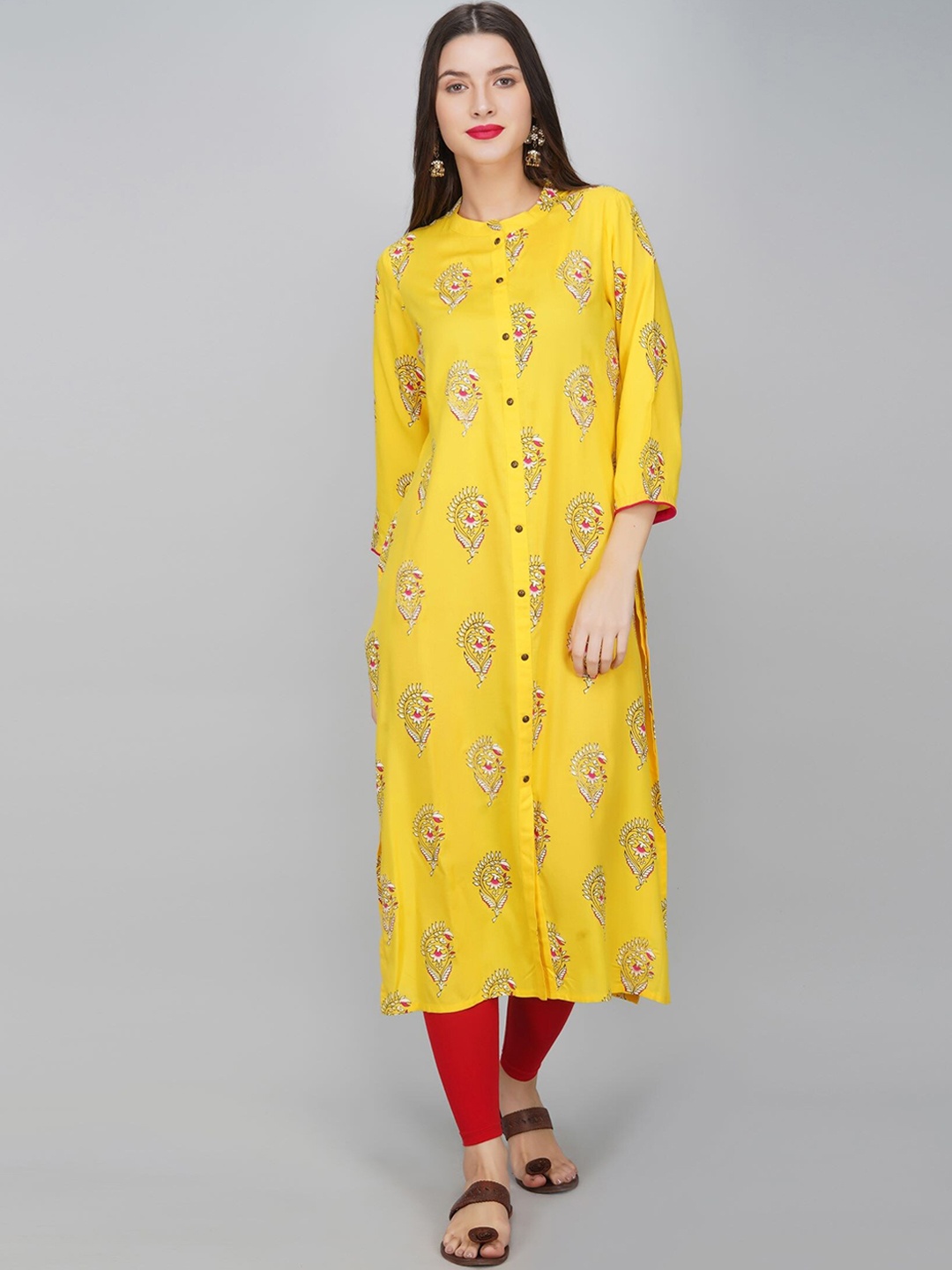 

METRO-FASHION Ethnic Motifs Printed Mandarin Collar Kurta, Yellow