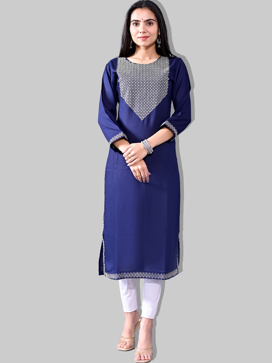 

METRO-FASHION Geometric Embroidered Straight Kurta, Navy blue