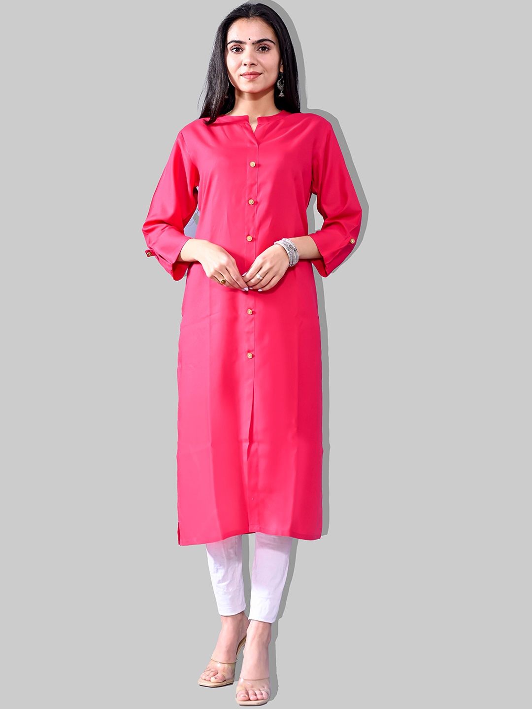 

METRO-FASHION Mandarin Collar Straight Kurta, Pink