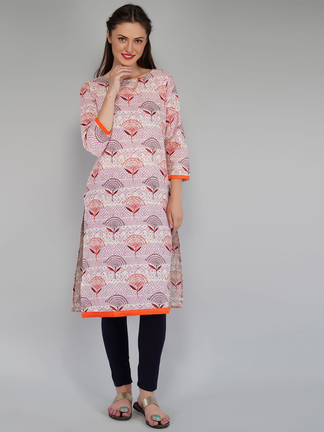 

METRO-FASHION Floral Printed Key-Hole Neck Cotton Kurta, Beige