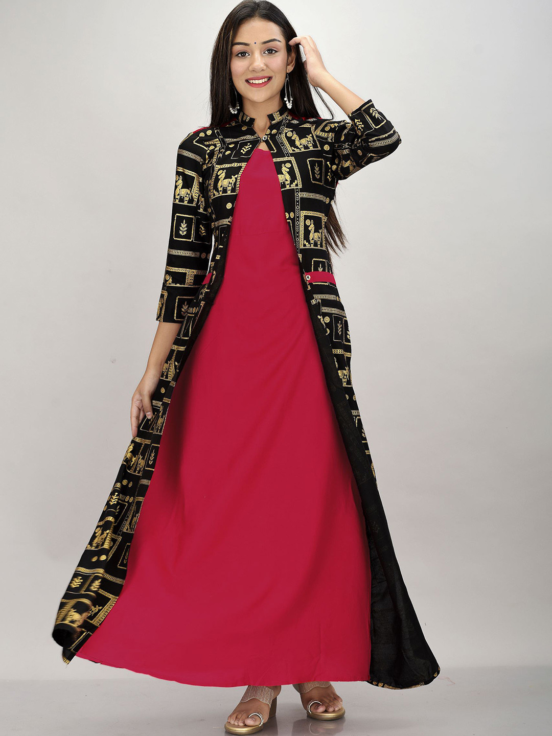 

METRO-FASHION Ethnic Motifs Printed A-Line Ethnic Dress, Pink
