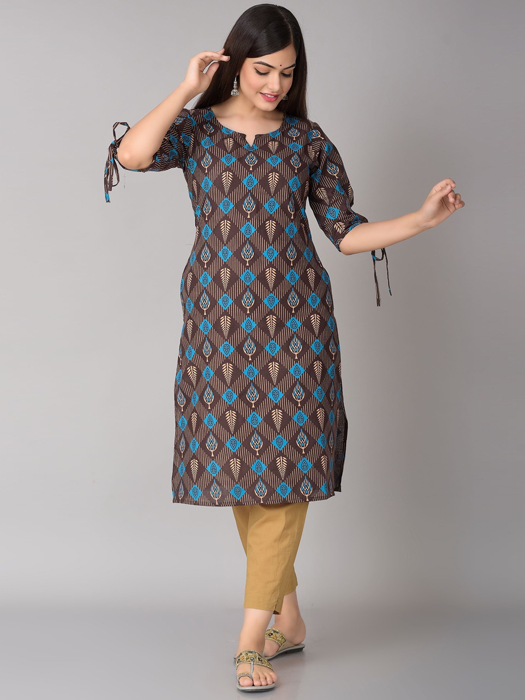 

METRO-FASHION Geometric Printed Cotton Kurta, Brown