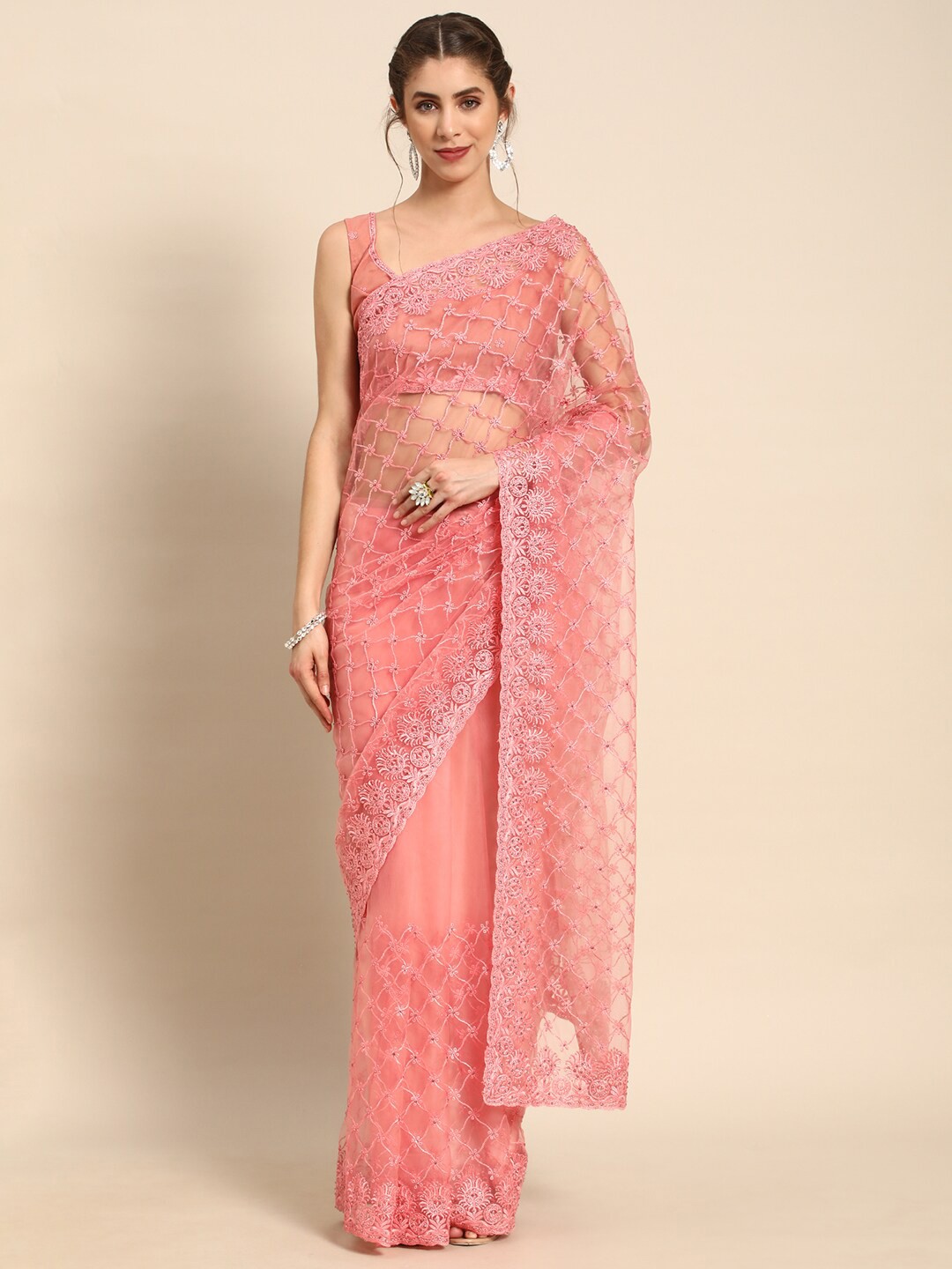 

all about you Pink Floral Embroidered Net Saree