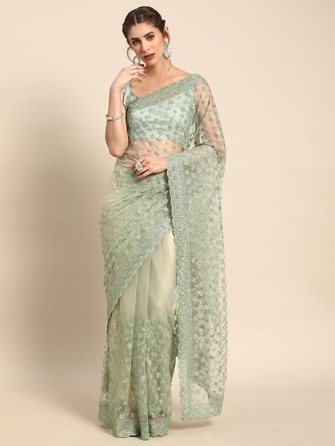 

all about you Floral Embroidered Net Saree, Sea green