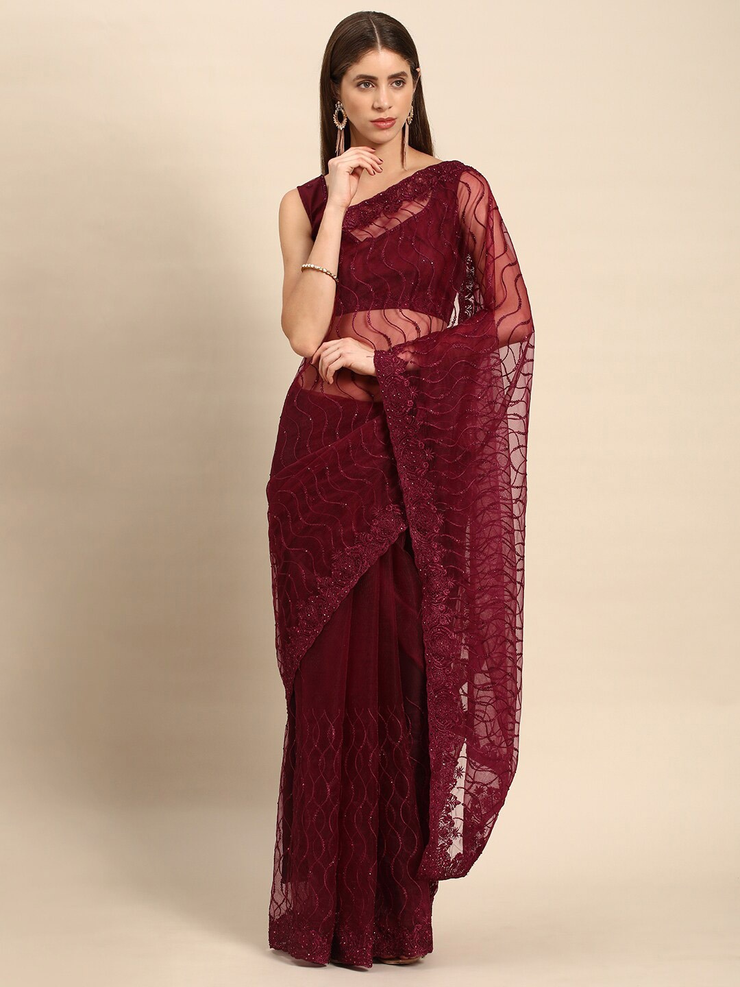 

all about you Pink Floral Embroidered Net Saree, Maroon