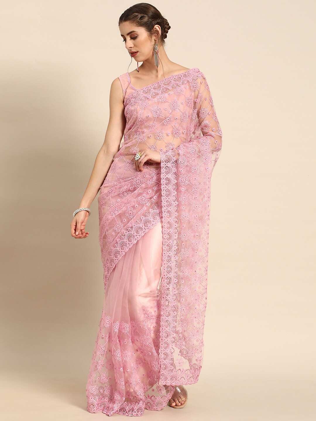 

all about you Pink Floral Embroidered Net Saree