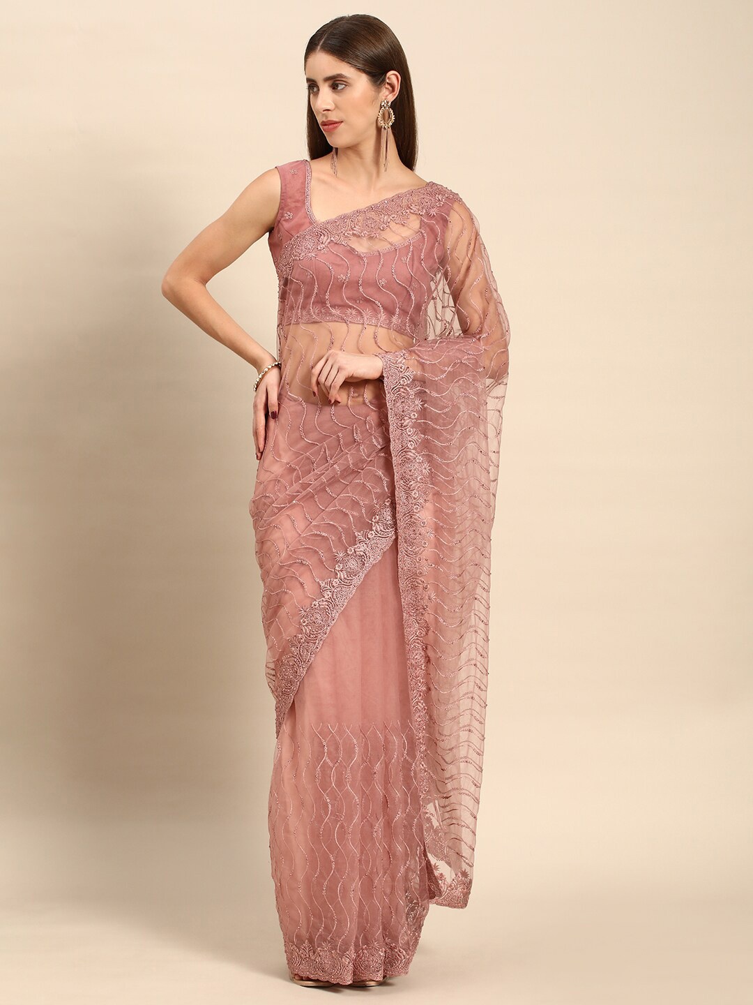 

all about you Peach Floral Embroidered Net Saree