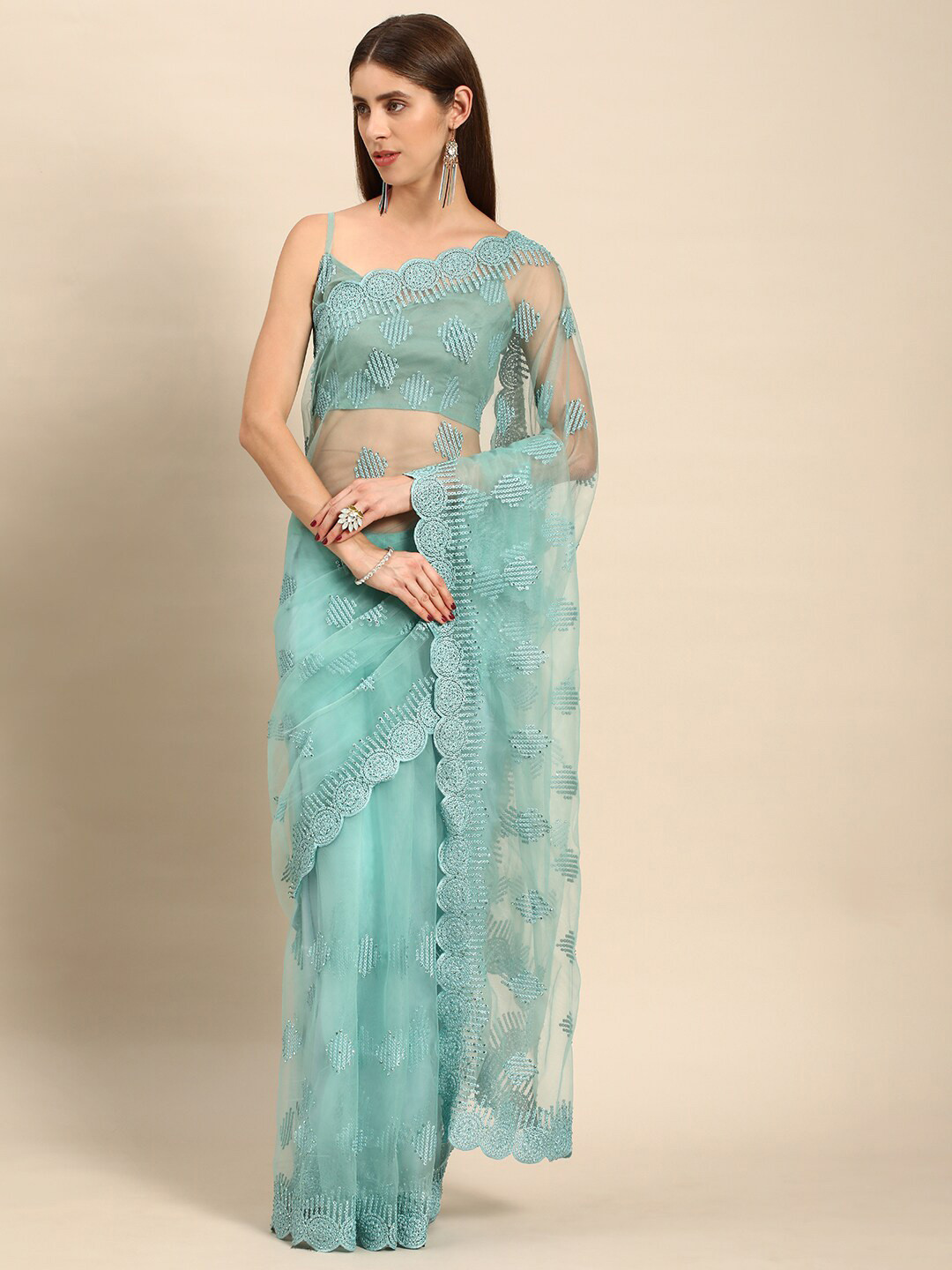 

all about you Blue Floral Embroidered Net Saree