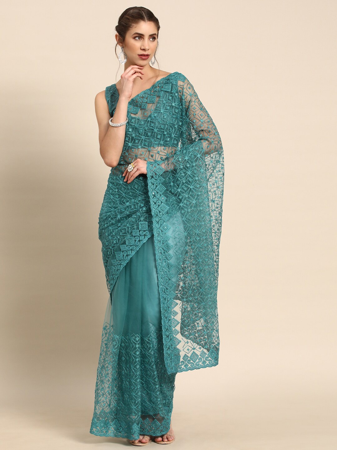

all about you Blue Floral Embroidered Net Saree
