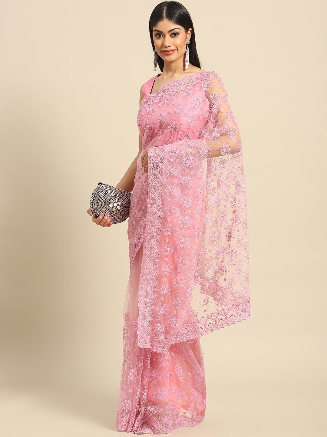 

Nimayaa Floral Embroidered Net Saree, Pink