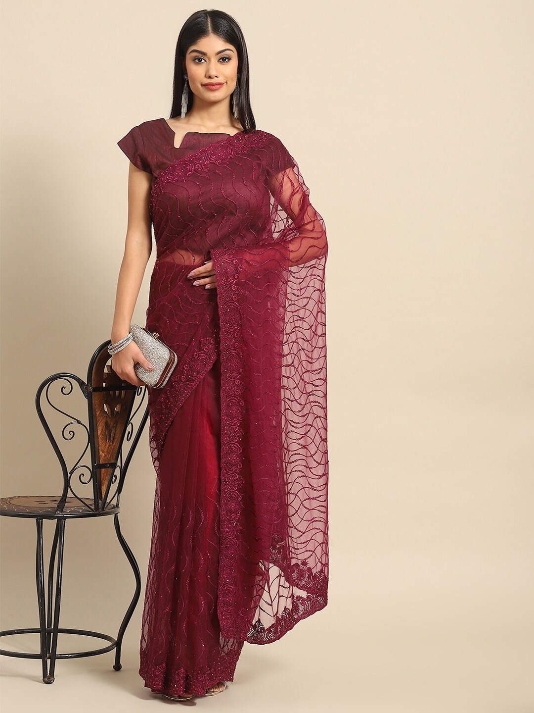 

Nimayaa Embroidered Net Saree, Maroon