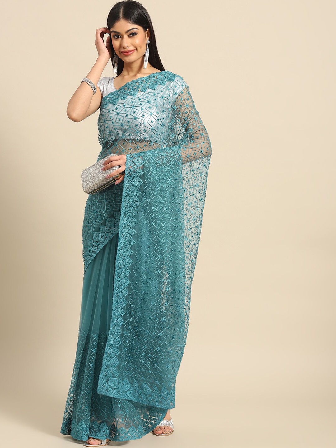 

Nimayaa Floral Embroidered Net Saree, Blue